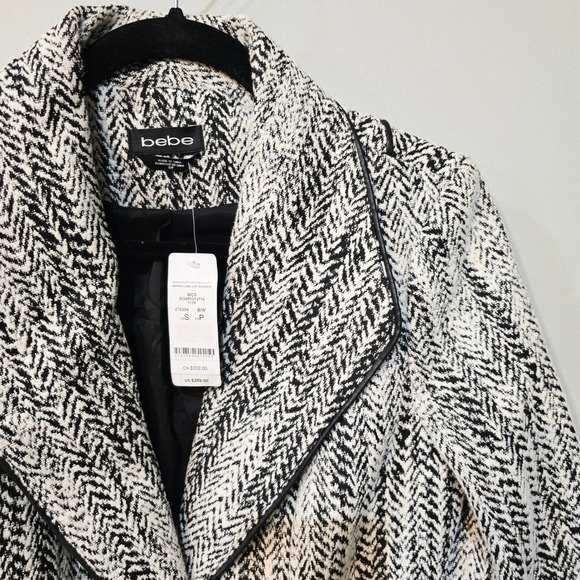 bebe B&W Herringbone Wrap Coat | Size Small |faux Leather Trim Belted Coat | NWT - Picture 3 of 13
